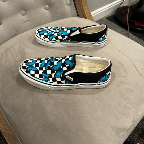 Vans Blue Butterflies Black and White Checkered Slip-On Sneakers - Picture 3 of 6